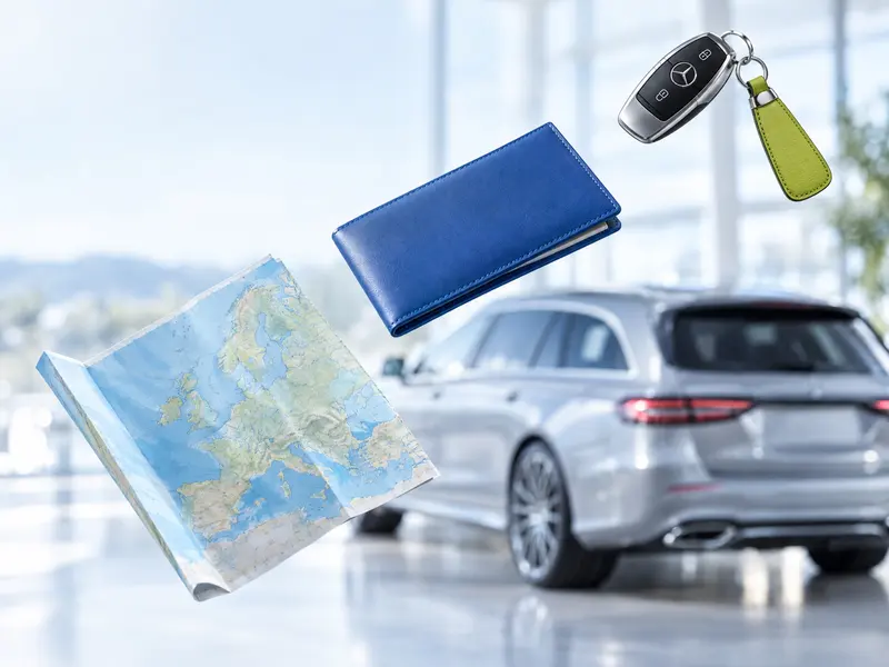 Zemljevid Evrope, mapa z dokumenti in Mercedesov ključ lebdijo pred Mercedesom razreda E karavan