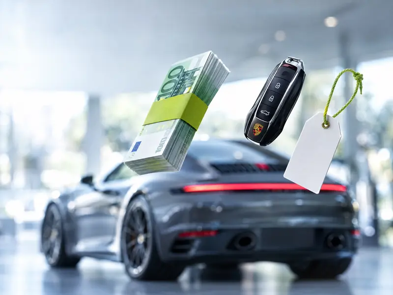 Šop bankovcev, Porschejev ključ in cenovna etiketa lebdijo pred Porschejem 911