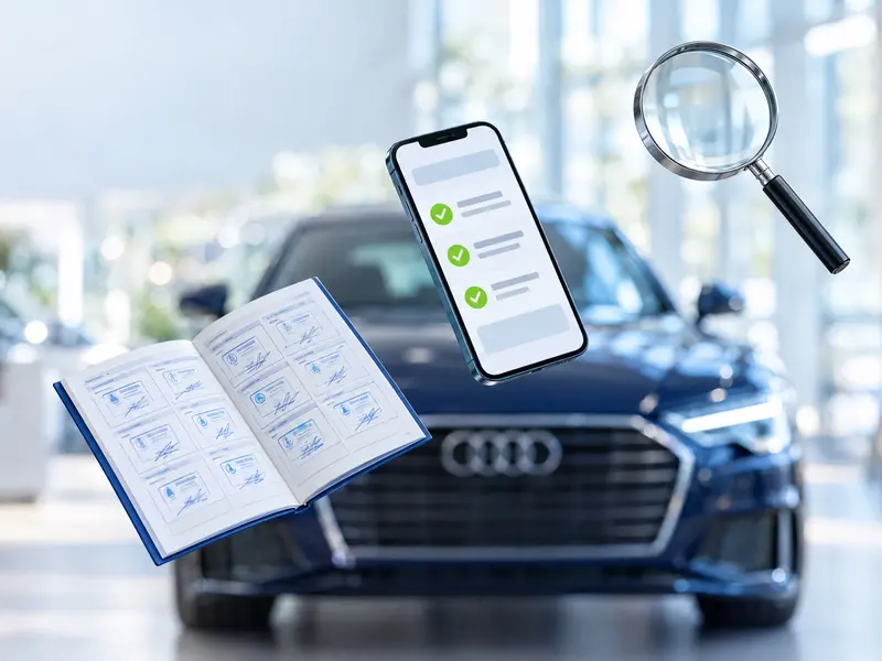 Servisna knjižica, telefon s poročilom in povečevalno steklo lebdijo pred Audijem A6