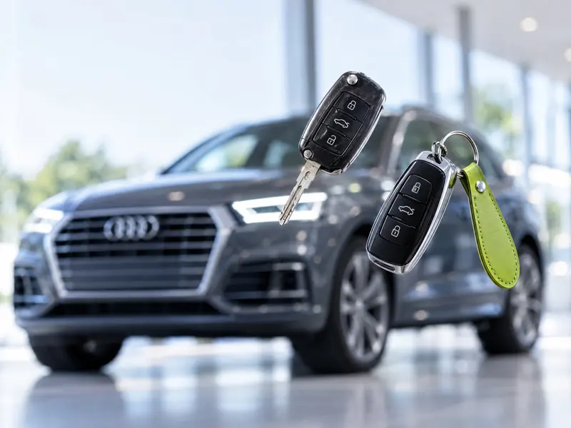 Stari in novi Audijev ključ lebdita pred zamegljenim Audijem Q5