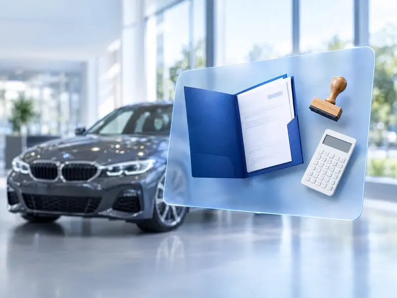Mapa z dokumenti za uvoz, žig in kalkulator pred stekleno ploščo in BMW serije 3